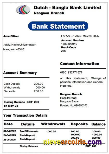 Bangladesh Dutch Bangla Bank Limited bank statement Word and PDF